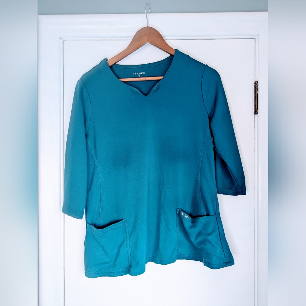 Jaanuu V-Neck 3/4 Sleeve Scrub Top In Caribbean Blue - MEDIUM